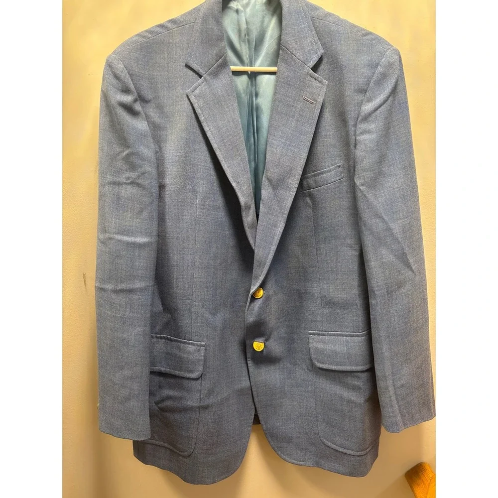 Stanley Blacker Blazer Men 38.5L Light Blue Gold Crest Button Preppy Sport Coat